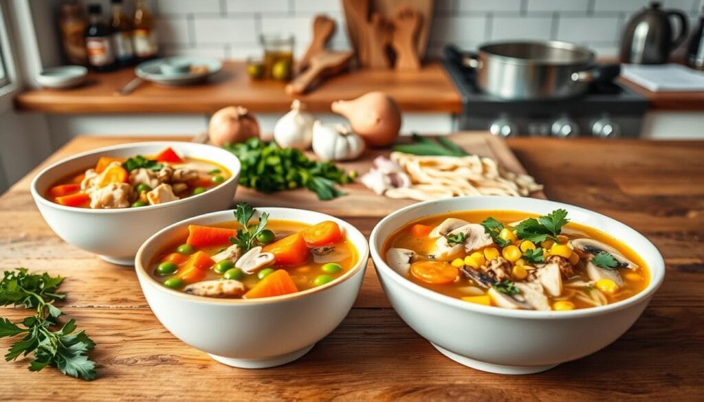 A variety of simple rotisserie chicken noodle soup variations displayed in an inviting kitchen setting. In the foreground, showcase three distinct bowls of soup: one with vibrant carrots and green peas, another featuring slices of mushrooms and herbs, and a third with corn and a sprinkle of cilantro. Each bowl is garnished artfully with fresh herbs. The middle ground shows a wooden table with a rustic cutting board, where ingredients like fresh onions, garlic, and noodles are laid out. In the background, softly lit by natural light, a cozy kitchen scene with shelves of spices and a pot on the stove creates a warm atmosphere. The image captures a sense of hominess and comfort, perfect for inviting viewers to explore delicious variations of this classic dish.