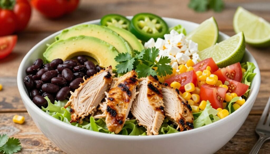 A vibrant Tex Mex chicken salad bowl brimming with colorful ingredients. In the foreground, the bowl features shredded grilled chicken, black beans, sweet corn, diced tomatoes, and shredded lettuce, artfully arranged to showcase the rich textures and hues. Slices of ripe avocado and a sprinkle of cilantro add a fresh touch. The middle ground includes a variety of ingredients like jalapeños, cheese crumbles, and lime wedges, arranged aesthetically around the bowl. In the background, a rustic wooden table setting is depicted, with subtle hints of fresh ingredients like peppers and herbs. Soft, natural lighting enhances the freshness of the ingredients, creating an inviting and appetizing atmosphere. The camera angle is slightly elevated, focusing on the bowl to highlight its colorful layers, conveying a sense of health and flavor. A vibrant Tex Mex chicken salad bowl brimming with colorful ingredients. In the foreground, the bowl features shredded grilled chicken, black beans, sweet corn, diced tomatoes, and shredded lettuce, artfully arranged to showcase the rich textures and hues. Slices of ripe avocado and a sprinkle of cilantro add a fresh touch. The middle ground includes a variety of ingredients like jalapeños, cheese crumbles, and lime wedges, arranged aesthetically around the bowl. In the background, a rustic wooden table setting is depicted, with subtle hints of fresh ingredients like peppers and herbs. Soft, natural lighting enhances the freshness of the ingredients, creating an inviting and appetizing atmosphere. The camera angle is slightly elevated, focusing on the bowl to highlight its colorful layers, conveying a sense of health and flavor.