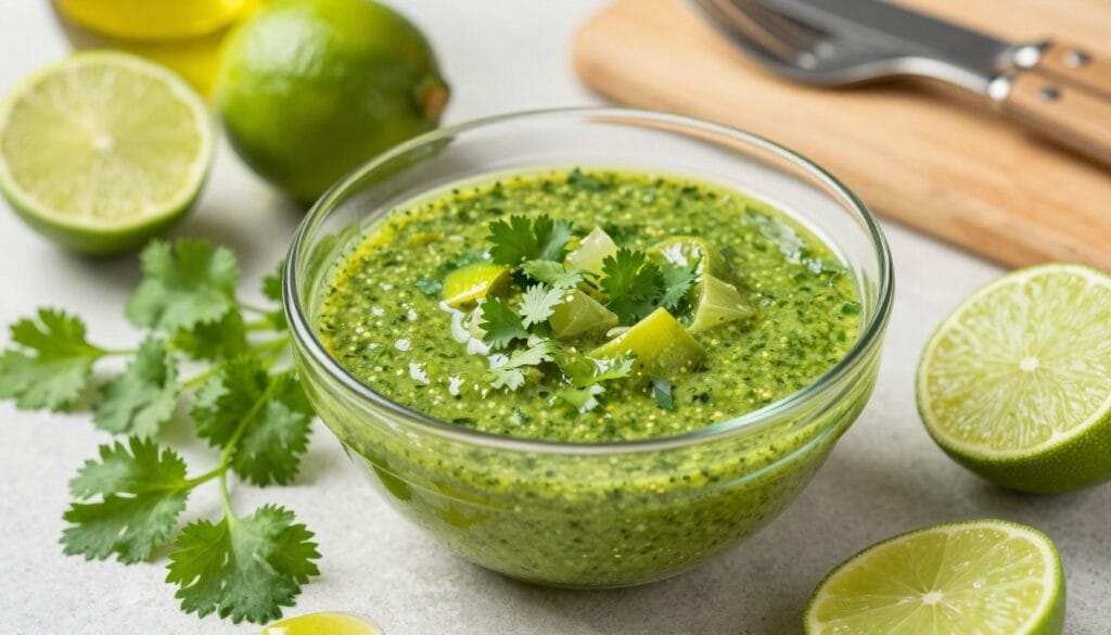 A vibrant and fresh cilantro lime chicken salad dressing takes center stage in a glass bowl, gleaming with a glossy texture. The dressing is a rich green color, speckled with bright, finely chopped cilantro and small chunks of zesty lime rinds. Surrounding the bowl are fresh ingredients: whole limes, cilantro sprigs, and a drizzle of olive oil, emphasizing the fresh and zesty flavor profile. The background features soft-focus kitchen elements, such as a wooden cutting board and a subtly blurred set of cooking utensils, creating a warm, inviting atmosphere. The lighting is natural and bright, highlighting the freshness of the ingredients, while the angle captures an inviting top-down view, perfect for a culinary article. The overall mood is fresh and appetizing, appealing to the senses. A vibrant and fresh cilantro lime chicken salad dressing takes center stage in a glass bowl, gleaming with a glossy texture. The dressing is a rich green color, speckled with bright, finely chopped cilantro and small chunks of zesty lime rinds. Surrounding the bowl are fresh ingredients: whole limes, cilantro sprigs, and a drizzle of olive oil, emphasizing the fresh and zesty flavor profile. The background features soft-focus kitchen elements, such as a wooden cutting board and a subtly blurred set of cooking utensils, creating a warm, inviting atmosphere. The lighting is natural and bright, highlighting the freshness of the ingredients, while the angle captures an inviting top-down view, perfect for a culinary article. The overall mood is fresh and appetizing, appealing to the senses.