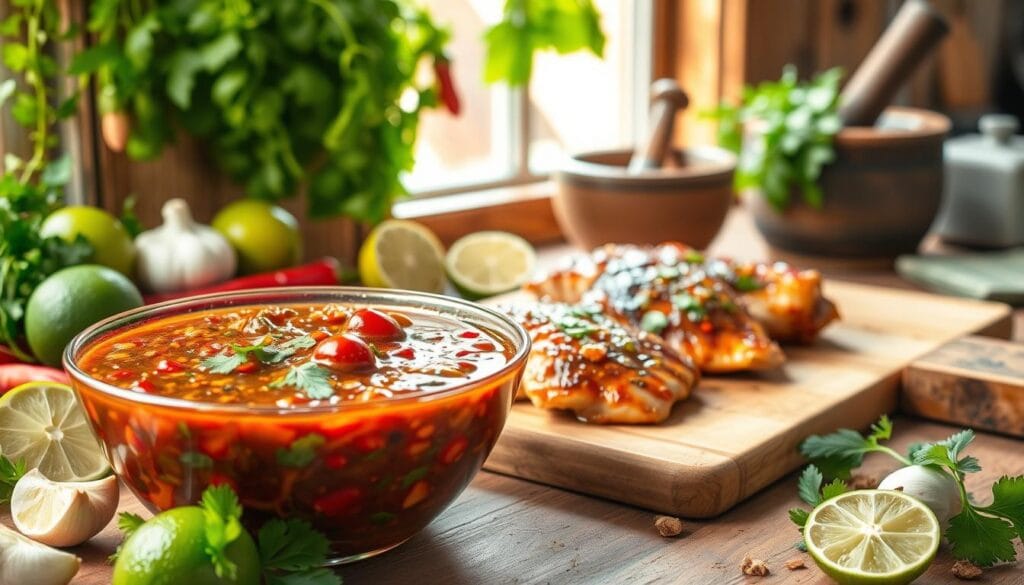 A vibrant and inviting arrangement showcasing a bowl of rich, aromatic Mexican grilled chicken marinade in the foreground. The marinade is a glossy blend of deep red chilies, bright green cilantro, and golden spices, glistening with olive oil. Surrounding the bowl, fresh ingredients like limes, garlic cloves, and chili peppers add pops of color. In the middle ground, a wooden cutting board reveals marinated chicken pieces, their surfaces coated in the thick, flavorful mix. The background features rustic kitchen elements like herbs hanging, a well-used mortar and pestle, and warm wooden textures. Soft, natural light filters in from a nearby window, creating a warm and cozy atmosphere, perfect for a home-cooking scene. The overall mood is cheerful and inviting, evoking a sense of culinary passion and creativity. A vibrant and inviting arrangement showcasing a bowl of rich, aromatic Mexican grilled chicken marinade in the foreground. The marinade is a glossy blend of deep red chilies, bright green cilantro, and golden spices, glistening with olive oil. Surrounding the bowl, fresh ingredients like limes, garlic cloves, and chili peppers add pops of color. In the middle ground, a wooden cutting board reveals marinated chicken pieces, their surfaces coated in the thick, flavorful mix. The background features rustic kitchen elements like herbs hanging, a well-used mortar and pestle, and warm wooden textures. Soft, natural light filters in from a nearby window, creating a warm and cozy atmosphere, perfect for a home-cooking scene. The overall mood is cheerful and inviting, evoking a sense of culinary passion and creativity.