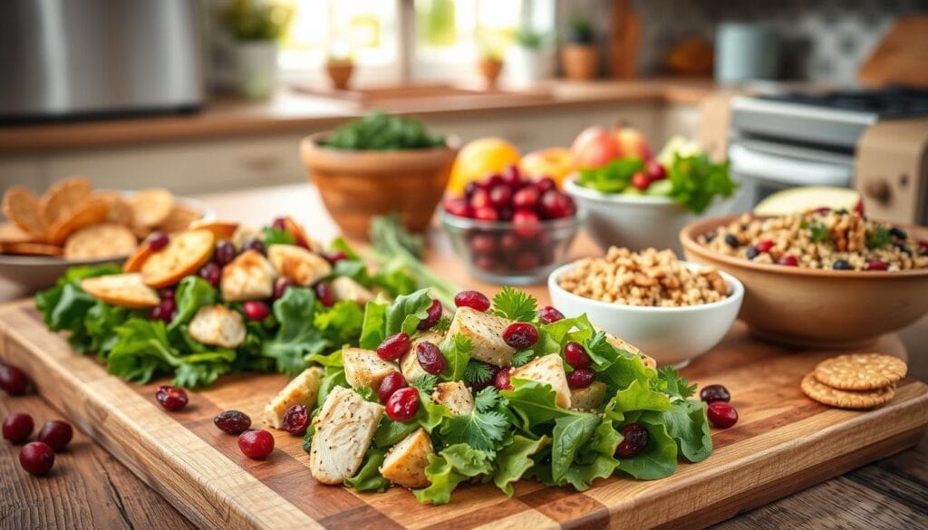 A vibrant and inviting tabletop scene featuring a variety of healthy cranberry chicken salad variations. In the foreground, a wooden cutting board displays a colorful array of salads: one with mixed leafy greens, grilled chicken, and sprinkled dried cranberries; another with quinoa, celery, walnuts, and a light vinaigrette. Accompanying bowls exhibit fresh herbs like dill and parsley, along with a side of whole grain crackers. In the middle ground, a rustic wooden table is adorned with fresh cranberries and sliced apples, enhancing the fresh, wholesome atmosphere. The background is softly blurred, revealing a cozy kitchen with warm lighting filtering through a window. The mood is cheerful and fresh, evoking a sense of creativity and encouragement for healthy eating. A vibrant and inviting tabletop scene featuring a variety of healthy cranberry chicken salad variations. In the foreground, a wooden cutting board displays a colorful array of salads: one with mixed leafy greens, grilled chicken, and sprinkled dried cranberries; another with quinoa, celery, walnuts, and a light vinaigrette. Accompanying bowls exhibit fresh herbs like dill and parsley, along with a side of whole grain crackers. In the middle ground, a rustic wooden table is adorned with fresh cranberries and sliced apples, enhancing the fresh, wholesome atmosphere. The background is softly blurred, revealing a cozy kitchen with warm lighting filtering through a window. The mood is cheerful and fresh, evoking a sense of creativity and encouragement for healthy eating.
