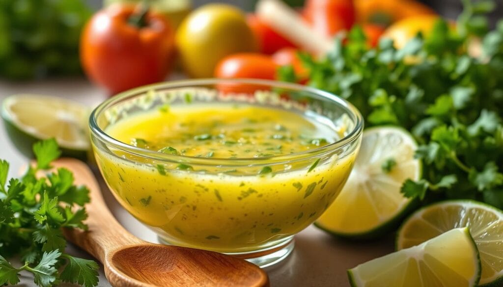 A vibrant, close-up image of a freshly prepared cilantro lime vinaigrette. In the foreground, a small, elegant glass bowl filled with a zesty, greenish-yellow vinaigrette, glistening with a drizzle of olive oil and specks of chopped cilantro. Surrounding the bowl, fresh lime wedges and sprigs of cilantro offer vibrant pops of color. In the middle, a wooden serving spoon rests beside the bowl, showcasing the vinaigrette's texture. In the background, a soft-focus kitchen setting reveals fresh vegetables, hinting at the ingredients used in a Southwest chicken salad. The lighting is bright and airy, emphasizing the freshness and zest of the vinaigrette, creating a lively, inviting atmosphere perfect for a culinary piece. A vibrant, close-up image of a freshly prepared cilantro lime vinaigrette. In the foreground, a small, elegant glass bowl filled with a zesty, greenish-yellow vinaigrette, glistening with a drizzle of olive oil and specks of chopped cilantro. Surrounding the bowl, fresh lime wedges and sprigs of cilantro offer vibrant pops of color. In the middle, a wooden serving spoon rests beside the bowl, showcasing the vinaigrette's texture. In the background, a soft-focus kitchen setting reveals fresh vegetables, hinting at the ingredients used in a Southwest chicken salad. The lighting is bright and airy, emphasizing the freshness and zest of the vinaigrette, creating a lively, inviting atmosphere perfect for a culinary piece.