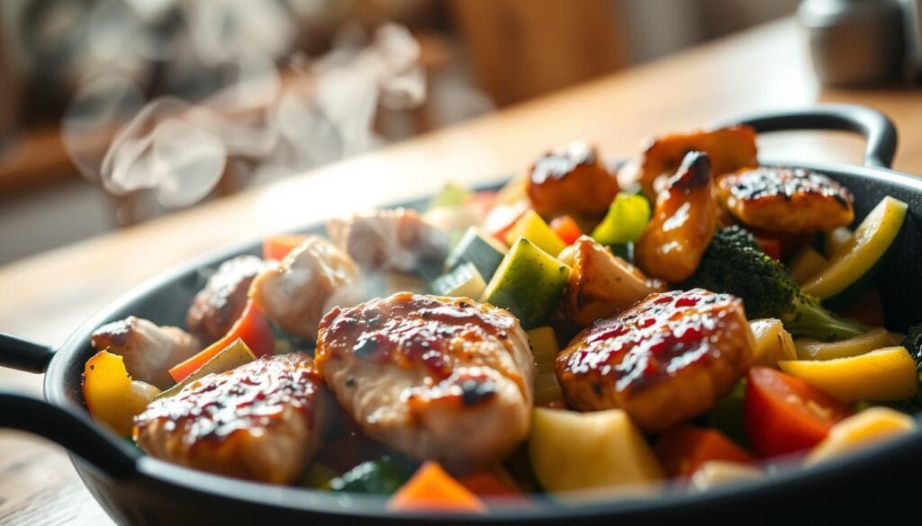 A vibrant, close-up image of a low carb chicken skillet loaded with colorful vegetables, such as bell peppers, broccoli, and zucchini, sizzling in a black non-stick skillet. In the foreground, focus on the perfectly browned chicken pieces, glistening with light, hinting at a blend of herbs and spices. The middle ground showcases the fresh vegetables alongside the chicken, with steam rising to create a cozy, inviting atmosphere. The background features a rustic wooden kitchen table, soft natural lighting filtering through a nearby window, enhancing the freshness of the ingredients. Opt for a warm color palette to evoke a sense of comfort and healthiness, ideal for showcasing easy and healthy meal options. A vibrant, close-up image of a low carb chicken skillet loaded with colorful vegetables, such as bell peppers, broccoli, and zucchini, sizzling in a black non-stick skillet. In the foreground, focus on the perfectly browned chicken pieces, glistening with light, hinting at a blend of herbs and spices. The middle ground showcases the fresh vegetables alongside the chicken, with steam rising to create a cozy, inviting atmosphere. The background features a rustic wooden kitchen table, soft natural lighting filtering through a nearby window, enhancing the freshness of the ingredients. Opt for a warm color palette to evoke a sense of comfort and healthiness, ideal for showcasing easy and healthy meal options.