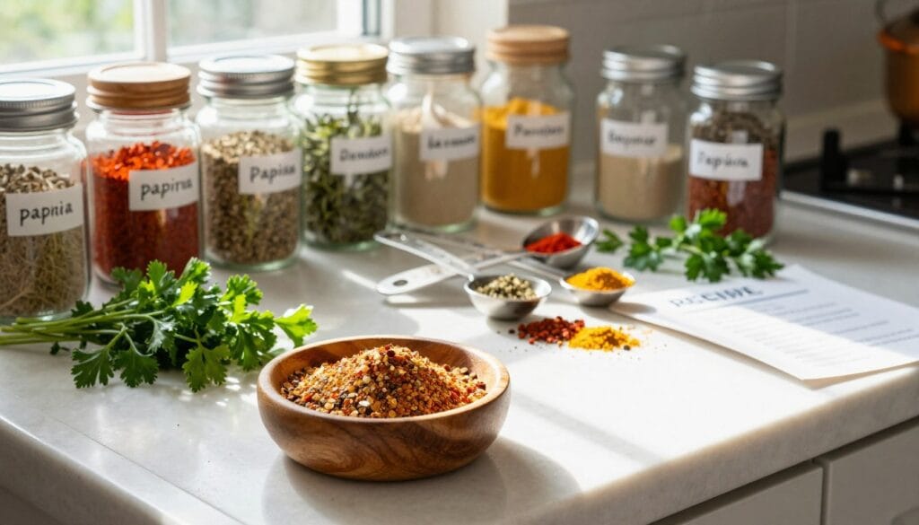 A vibrant kitchen countertop filled with an array of colorful spices and herbs, surrounded by glass jars labeled with names like paprika, garlic powder, and parsley. In the foreground, a small wooden bowl contains a heaping mix of the shake and bake seasoning blend, showcasing a rustic texture. The middle ground features a set of measuring spoons, some scattered spices, and a recipe card partially visible, hinting at customization options. Natural light streams in through a window, casting soft shadows and highlighting the freshness of the ingredients. The atmosphere conveys a sense of homey creativity, inviting viewers to experiment with their own seasoning profiles in a warm, inviting kitchen setting. A vibrant kitchen countertop filled with an array of colorful spices and herbs, surrounded by glass jars labeled with names like paprika, garlic powder, and parsley. In the foreground, a small wooden bowl contains a heaping mix of the shake and bake seasoning blend, showcasing a rustic texture. The middle ground features a set of measuring spoons, some scattered spices, and a recipe card partially visible, hinting at customization options. Natural light streams in through a window, casting soft shadows and highlighting the freshness of the ingredients. The atmosphere conveys a sense of homey creativity, inviting viewers to experiment with their own seasoning profiles in a warm, inviting kitchen setting.