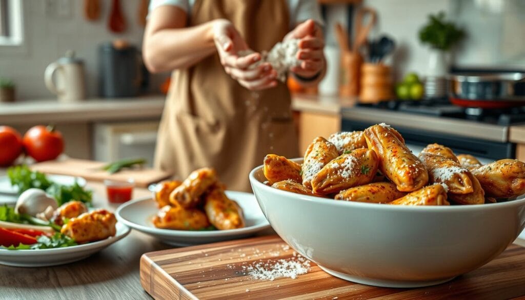 A vibrant kitchen scene focused on the easy preparation of boneless wings. In the foreground, a large bowl of seasoned boneless chicken wings glistens with oil and spices, placed on a wooden cutting board. Nearby, a plate filled with fresh ingredients like garlic, hot sauce, and herbs contrasts beautifully. In the middle ground, a person in a casual kitchen apron, hands coated in flour, is expertly tossing the wings while looking focused and satisfied. The background showcases a cozy, well-lit kitchen filled with colorful utensils, fresh vegetables, and a hint of a stove where a pan is heating. Soft, warm lighting creates an inviting atmosphere, emphasizing the joy of cooking and making the viewer feel at home. Capture the essence of effortless culinary techniques with a close-up perspective.