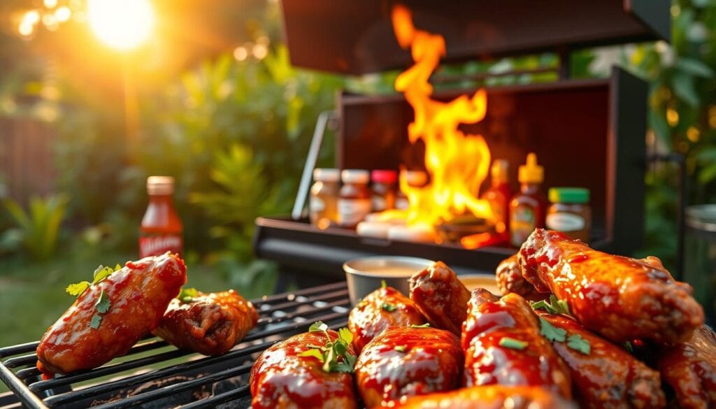 A vibrant outdoor scene showcasing a backyard grill setup during golden hour, emphasizing the perfect time to cook chicken wings. In the foreground, a close-up of crispy, sauced chicken wings glistening with barbecue sauce, garnished with fresh herbs. In the middle, a charcoal grill with flames licking the grill grate, surrounded by a variety of colorful marinades and spices artistically arranged. The background features a lush green garden with soft bokeh effects created by warm sunlight filtering through leaves, enhancing the inviting atmosphere. The scene is bright and lively, evoking a sense of camaraderie and culinary expertise, captured with a wide-angle lens to create depth and focus on the grilling action, while maintaining a clean composition without any text or distractions. A vibrant outdoor scene showcasing a backyard grill setup during golden hour, emphasizing the perfect time to cook chicken wings. In the foreground, a close-up of crispy, sauced chicken wings glistening with barbecue sauce, garnished with fresh herbs. In the middle, a charcoal grill with flames licking the grill grate, surrounded by a variety of colorful marinades and spices artistically arranged. The background features a lush green garden with soft bokeh effects created by warm sunlight filtering through leaves, enhancing the inviting atmosphere. The scene is bright and lively, evoking a sense of camaraderie and culinary expertise, captured with a wide-angle lens to create depth and focus on the grilling action, while maintaining a clean composition without any text or distractions.