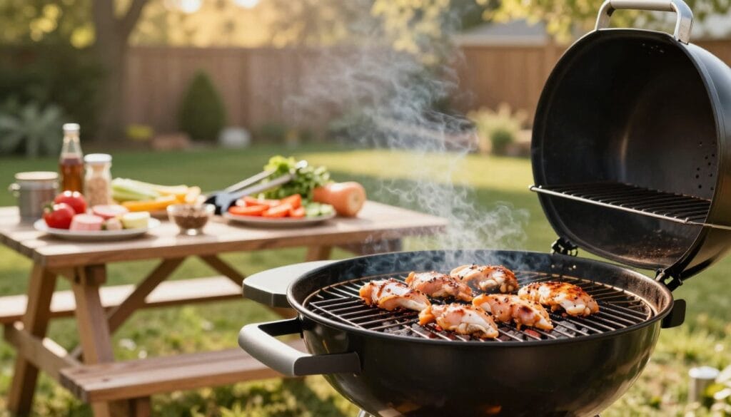 A vibrant outdoor scene showcasing a backyard grill setup, focused on preparing the grill for cooking. In the foreground, the grill is clean and shiny, with charcoal neatly arranged, and grilling tools like a spatula and tongs beside it. The middle ground features a picnic table adorned with fresh ingredients like marinated chicken strips, spices, and colorful vegetables ready for grilling. In the background, a tree-lined yard is bathed in warm, golden sunlight, creating an inviting atmosphere. The image captures the essence of summer cooking, with a slight bokeh effect to emphasize the grill and ingredients. The mood is cheerful and relaxed, reflecting a perfect day for outdoor cooking.