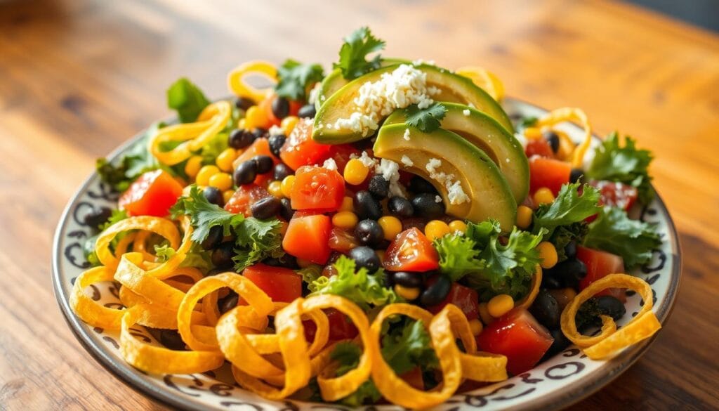 A vibrant tortilla strip salad, artfully plated to showcase its texture and color. In the foreground, crispy golden tortilla strips curl playfully, surrounded by fresh, crisp greens like romaine and kale. Diced tomatoes, black beans, and sweet corn add splashes of red, black, and yellow, while sliced avocado rests elegantly on the top. In the middle ground, a decorative bowl contains the salad, highlighted by a sprinkle of crumbled cheese and cilantro. The background features a warm, rustic wooden table, enhancing the inviting mood. Soft natural lighting casts gentle shadows, emphasizing the fresh ingredients and textures. The angle captures the salad at a three-quarters view, making it the centerpiece of the image. No text or watermarks; focus solely on the appetizing presentation. A vibrant tortilla strip salad, artfully plated to showcase its texture and color. In the foreground, crispy golden tortilla strips curl playfully, surrounded by fresh, crisp greens like romaine and kale. Diced tomatoes, black beans, and sweet corn add splashes of red, black, and yellow, while sliced avocado rests elegantly on the top. In the middle ground, a decorative bowl contains the salad, highlighted by a sprinkle of crumbled cheese and cilantro. The background features a warm, rustic wooden table, enhancing the inviting mood. Soft natural lighting casts gentle shadows, emphasizing the fresh ingredients and textures. The angle captures the salad at a three-quarters view, making it the centerpiece of the image. No text or watermarks; focus solely on the appetizing presentation.