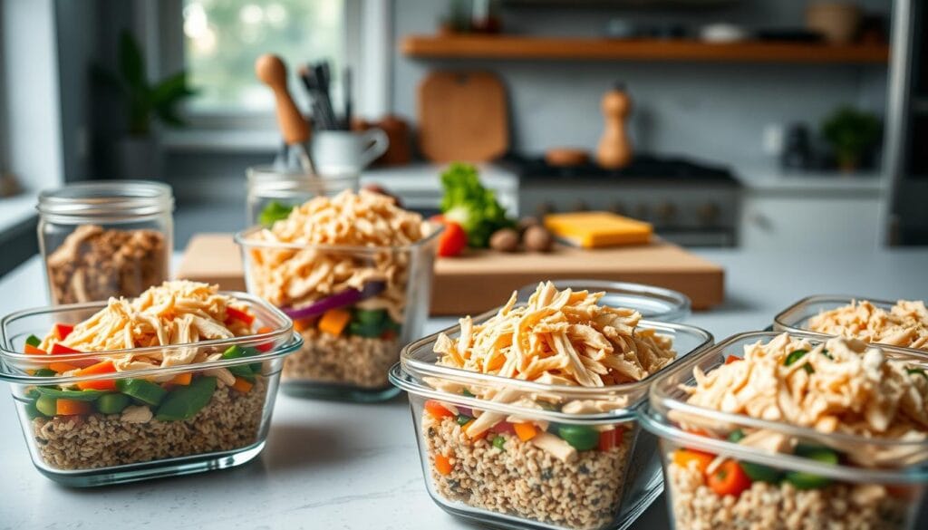 A visually appealing meal prep scene featuring shredded chicken as the central ingredient. In the foreground, display neatly organized glass meal prep containers filled with vibrant meals, showcasing shredded chicken atop colorful vegetables and grains, like quinoa and brown rice. In the middle ground, include utensils and a cutting board with herbs and spices, emphasizing the preparation process. The background should feature a clean, modern kitchen with soft natural lighting coming through a window, creating an inviting atmosphere. Use a shallow depth of field to draw focus to the meal prep containers. Aim for a harmonious color palette that highlights the freshness of the ingredients. The overall mood should suggest health, organization, and ease of meal preparation. A visually appealing meal prep scene featuring shredded chicken as the central ingredient. In the foreground, display neatly organized glass meal prep containers filled with vibrant meals, showcasing shredded chicken atop colorful vegetables and grains, like quinoa and brown rice. In the middle ground, include utensils and a cutting board with herbs and spices, emphasizing the preparation process. The background should feature a clean, modern kitchen with soft natural lighting coming through a window, creating an inviting atmosphere. Use a shallow depth of field to draw focus to the meal prep containers. Aim for a harmonious color palette that highlights the freshness of the ingredients. The overall mood should suggest health, organization, and ease of meal preparation.