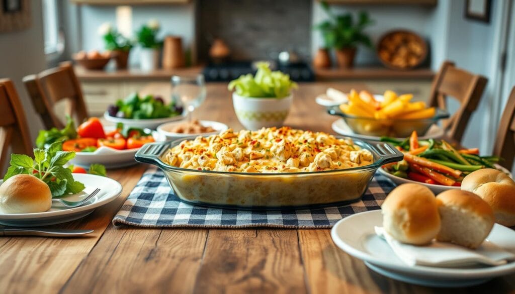 A warm, inviting family-friendly dinner table setting featuring a delicious Ritz Chicken Casserole at the center. Surround the casserole with vibrant, fresh salads, colorful roasted vegetables, and fluffy dinner rolls. In the foreground, showcase a rustic wooden table adorned with a checked tablecloth and simple, elegant dinnerware. The background reveals a softly lit kitchen with subtle hints of greenery from potted herbs. The overall atmosphere is cozy and joyful, evoking feelings of togetherness and comfort. Use warm, natural lighting to enhance the inviting mood, capturing the scene from a slightly elevated angle to highlight both the food and the inviting ambiance.