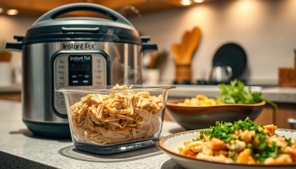 A well-organized kitchen counter featuring a clear glass container filled with leftover shredded chicken, steam gently rising from it, indicating warmth. In the foreground, a modern Instant Pot sits prominently, showcasing its sleek design. To the side, an attractive ceramic plate holds a serving of reheated chicken with vibrant green herbs scattered on top for garnish. In the background, a cozy kitchen setting with warm, inviting ambient lighting creates a homey atmosphere. Soft shadows cast by overhead lights enhance the scene’s depth, while a shallow depth of field captures the details of the food. The composition evokes a sense of comfort and practicality, encouraging viewers to embrace the idea of storing and reheating delicious leftover chicken efficiently. A well-organized kitchen counter featuring a clear glass container filled with leftover shredded chicken, steam gently rising from it, indicating warmth. In the foreground, a modern Instant Pot sits prominently, showcasing its sleek design. To the side, an attractive ceramic plate holds a serving of reheated chicken with vibrant green herbs scattered on top for garnish. In the background, a cozy kitchen setting with warm, inviting ambient lighting creates a homey atmosphere. Soft shadows cast by overhead lights enhance the scene’s depth, while a shallow depth of field captures the details of the food. The composition evokes a sense of comfort and practicality, encouraging viewers to embrace the idea of storing and reheating delicious leftover chicken efficiently.