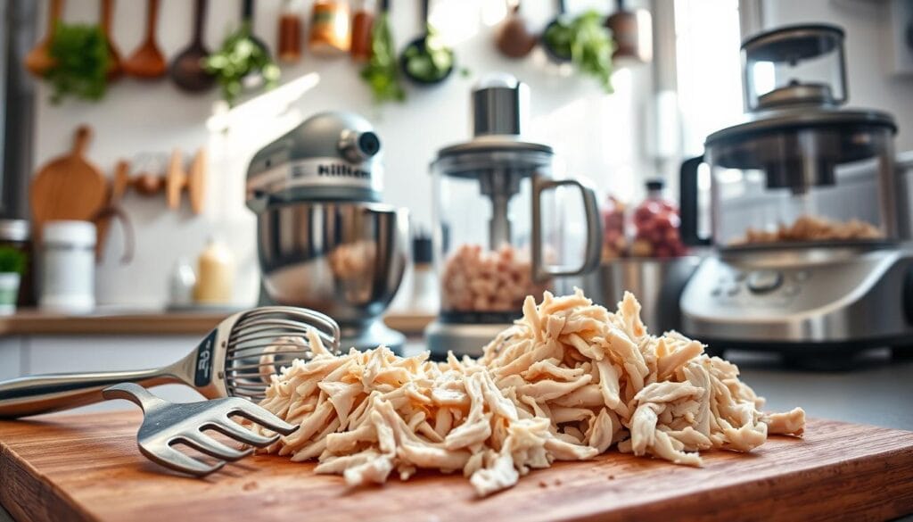 A well-organized kitchen countertop featuring various tools and techniques for shredding chicken. In the foreground, a stainless steel fork and meat claws rest on a wooden cutting board alongside shredded chicken pieces, showcasing texture and detail. The middle layer includes an electric mixer, a meat shredder, and a classic food processor, all polished and emitting a slight sheen. The background is softly blurred, revealing a well-lit kitchen space with hanging herbs and spices, enhancing the culinary atmosphere. Natural light streams in through a window, casting gentle shadows and highlighting the scene's inviting warmth. The overall mood is practical and inspiring, appealing to home cooks eager to master shredding techniques.