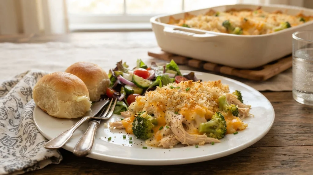 Chicken-broccoli-casserole-served-with-salad-and-warm-dinner-rolls