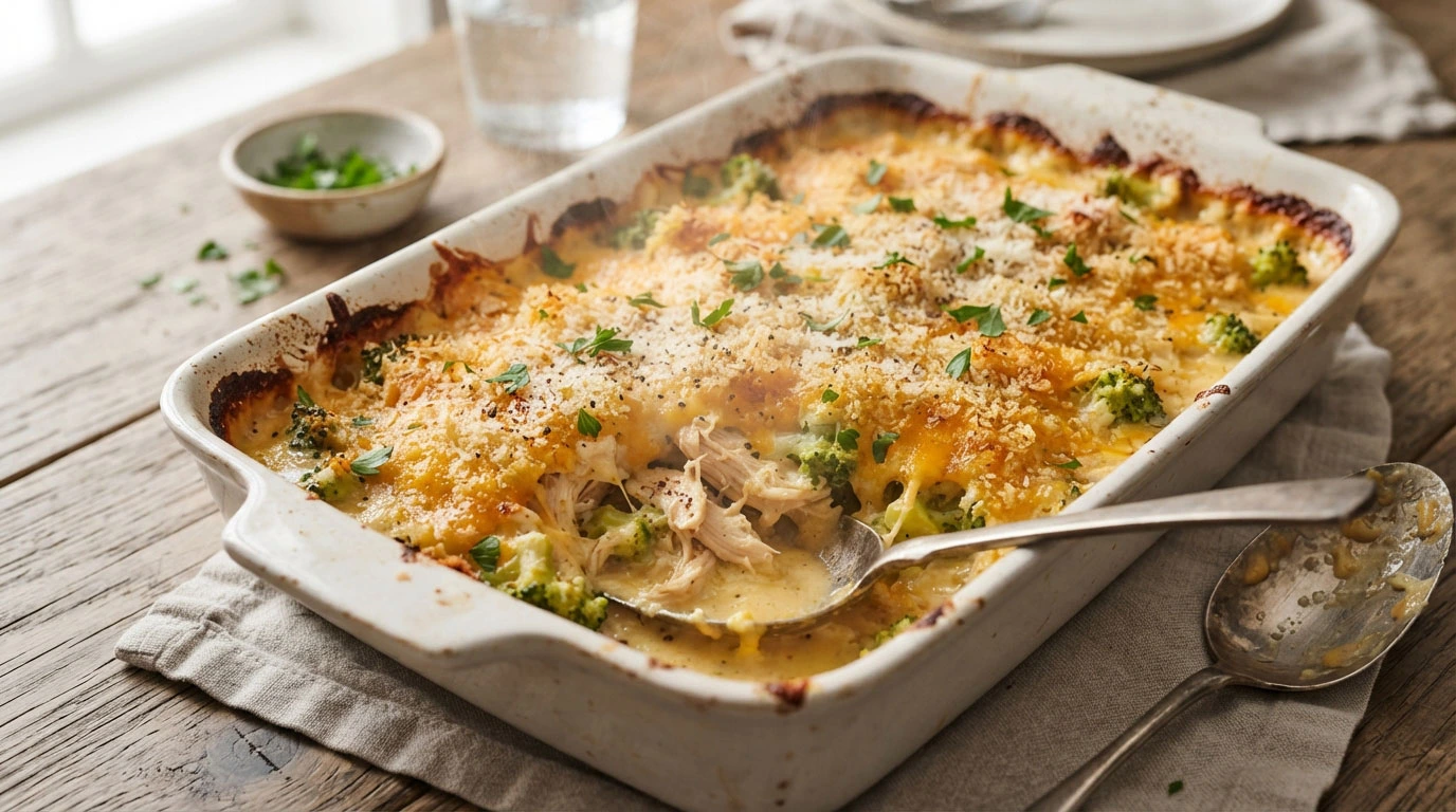 Creamy-chicken-broccoli-casserole-with-golden-cheese-and-crispy-panko-topping