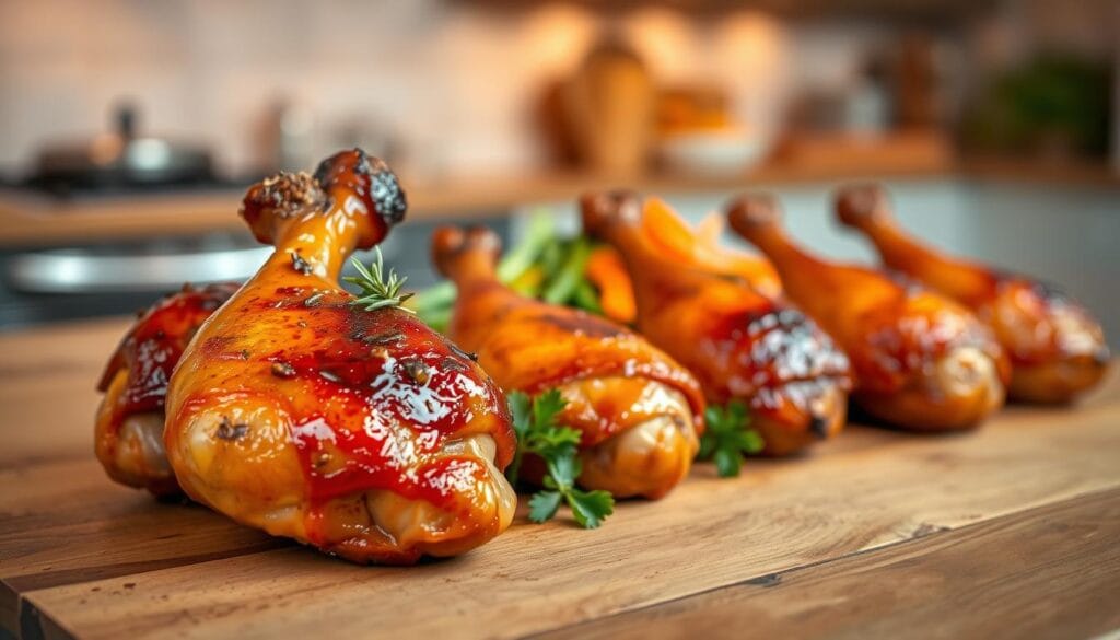 Delicious slow cooker chicken legs arranged elegantly on a rustic wooden table, glistening with a savory glaze that highlights their golden-brown, crispy skin. In the foreground, a few chicken legs are garnished with fresh herbs like parsley and rosemary, allowing the rich textures to come through. In the middle, a side of vibrant roasted vegetables, including colorful bell peppers, carrots, and green beans, complements the dish. In the background, softly blurred, a cozy kitchen setting with warm, ambient lighting enhances the inviting atmosphere. The scene captures a home-cooked feel, making viewers hungry to try this delightful recipe. The image is shot from a slightly elevated angle, emphasizing both the chicken legs and the accompanying sides, creating an appetizing display without any distractions or text overlays. Delicious slow cooker chicken legs arranged elegantly on a rustic wooden table, glistening with a savory glaze that highlights their golden-brown, crispy skin. In the foreground, a few chicken legs are garnished with fresh herbs like parsley and rosemary, allowing the rich textures to come through. In the middle, a side of vibrant roasted vegetables, including colorful bell peppers, carrots, and green beans, complements the dish. In the background, softly blurred, a cozy kitchen setting with warm, ambient lighting enhances the inviting atmosphere. The scene captures a home-cooked feel, making viewers hungry to try this delightful recipe. The image is shot from a slightly elevated angle, emphasizing both the chicken legs and the accompanying sides, creating an appetizing display without any distractions or text overlays.