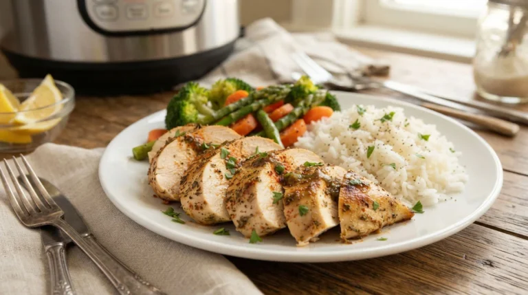 Frozen-Chicken-Breast-Instant-Pot-served-with-rice-and-vegetables