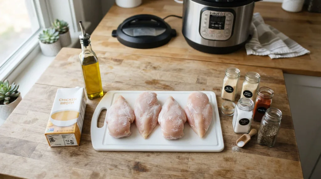 Frozen-chicken-breast-Instant-Pot-ingredients-with-chicken-broth-and-seasonings