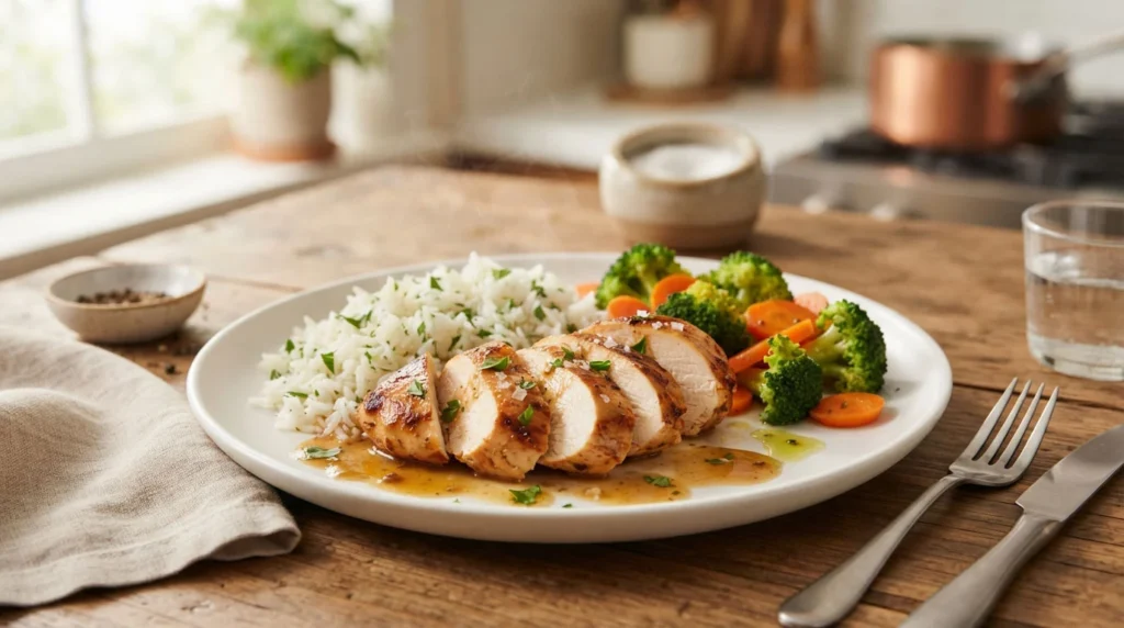 Frozen-chicken-breast-Instant-Pot-served-with-rice-and-vegetables-_2_