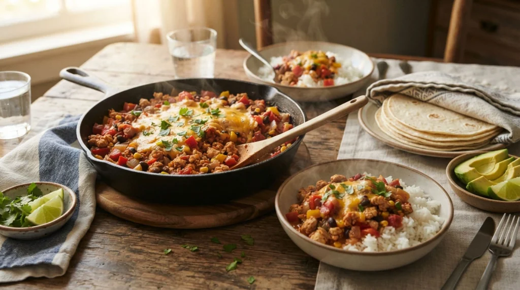 Ground-chicken-skillet-served-over-rice-with-vegetables-and-melted-cheese