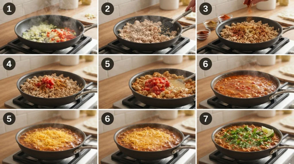 Ground-chicken-skillet-step-by-step-cooking-process-with-vegetables-and-cheese