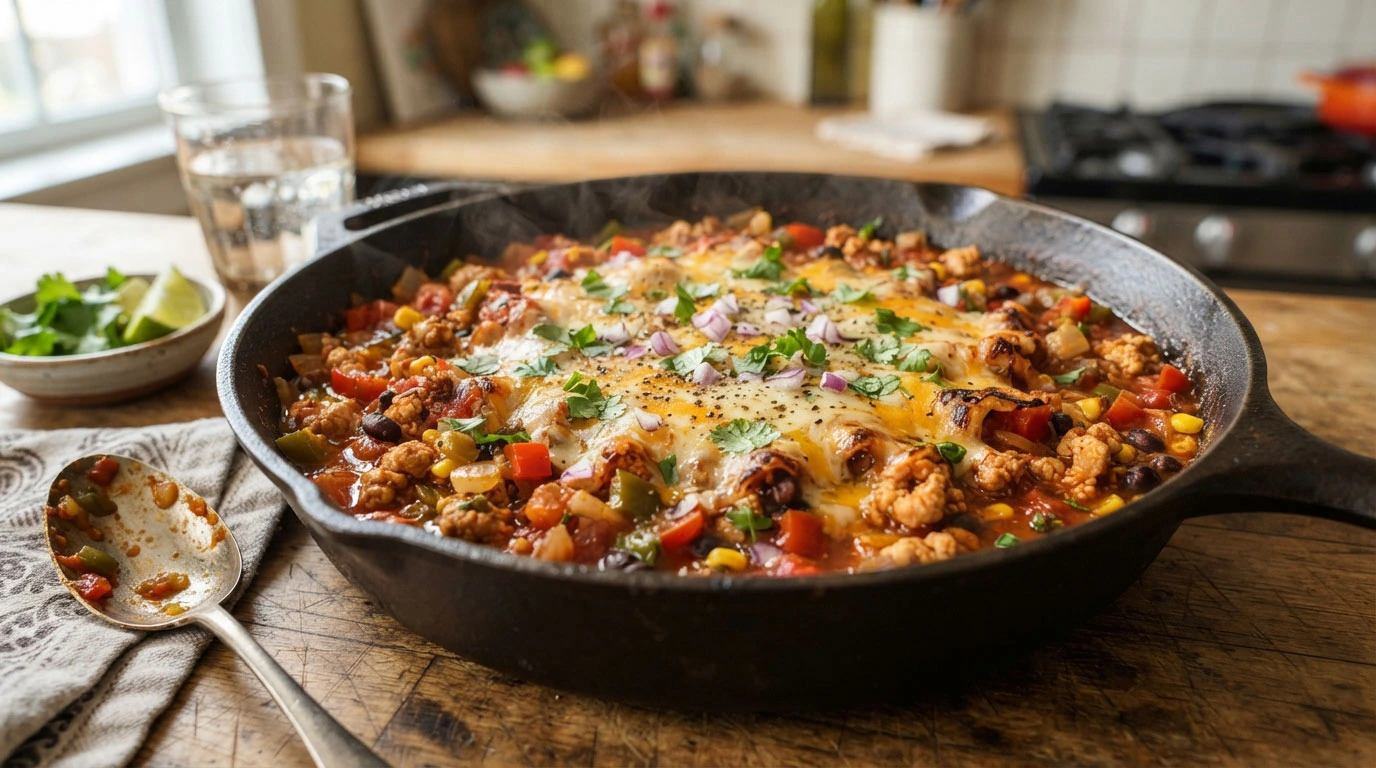 Ground-chicken-skillet-with-tomatoes,-vegetables-and-melted-cheddar-cheese