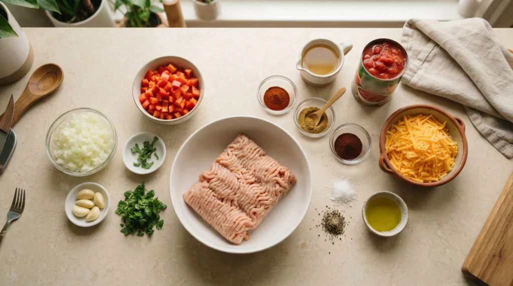 Ingredients-for-ground-chicken-skillet-with-vegetables,-tomatoes-and-seasonings