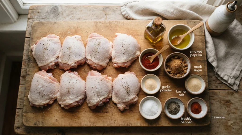 Ingredients-for-smoked-chicken-thighs-with-smoked-paprika-and-barbecue-seasonings