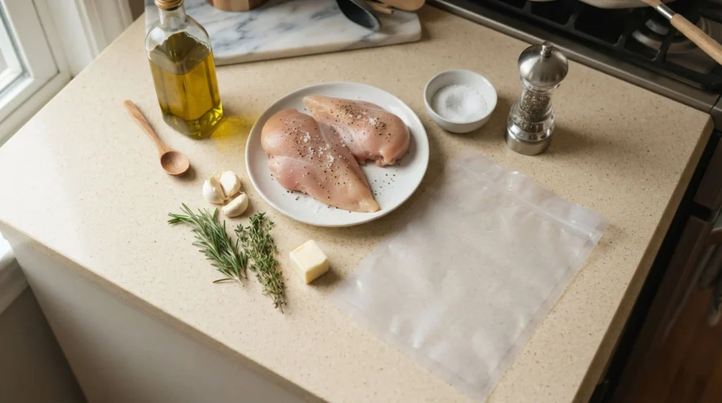Ingredients-for-sous-vide-chicken-breast-with-garlic_-rosemary_-thyme_-butter_-olive-oil_-salt_-and-