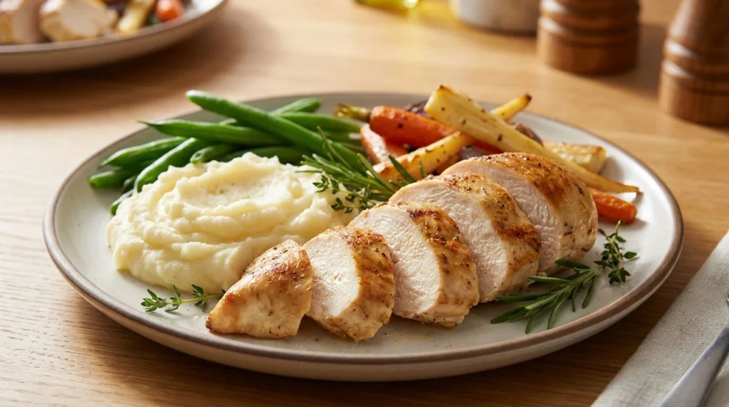 Sliced-sous-vide-chicken-breast-served-with-mashed-potatoes-and-roasted-vegetables