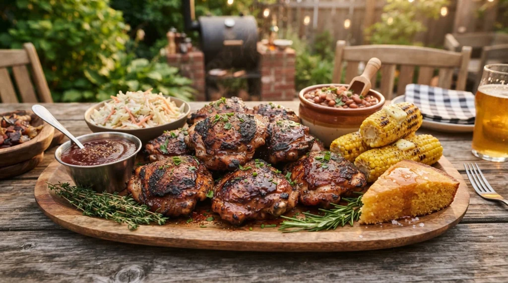 Smoked-chicken-thighs-served-with-coleslaw,-baked-beans-and-cornbread
