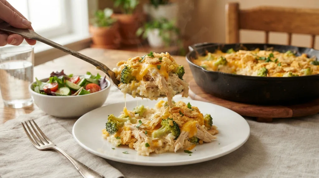Cheesy-chicken-broccoli-rice-casserole-served-with-a-fresh-green-salad