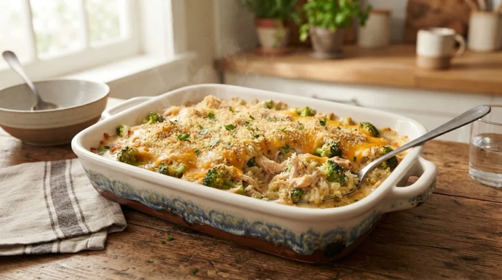 Cheesy-chicken-broccoli-rice-casserole-with-golden-melted-cheese