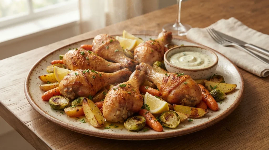 Crispy-oven-baked-chicken-legs-served-with-roasted-vegetables-and-lemon