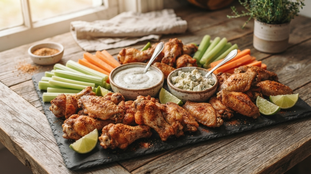 Crispy-seasoned-chicken-wings-served-with-celery-and-dipping-sauces