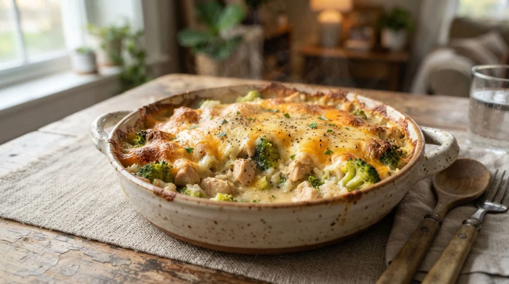 Golden-baked-chicken-broccoli-and-rice-casserole-with-melted-cheddar-topping-in-a-ceramic-dish