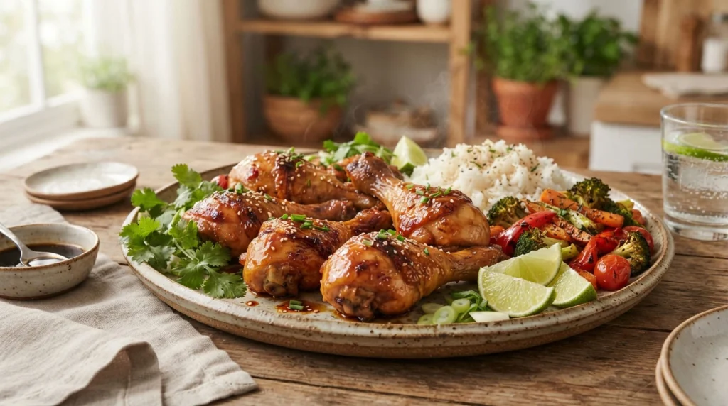 Honey-soy-glazed-chicken-leg-dishes-with-roasted-vegetables-and-rice
