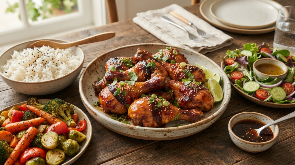 Juicy-honey-soy-chicken-legs-served-with-rice-and-roasted-vegetables