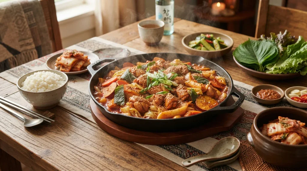 Chicken-galbi-recipe-served-Korean-family-style-with-steamed-rice_-kimchi_-cucumber-salad_-and-lettu
