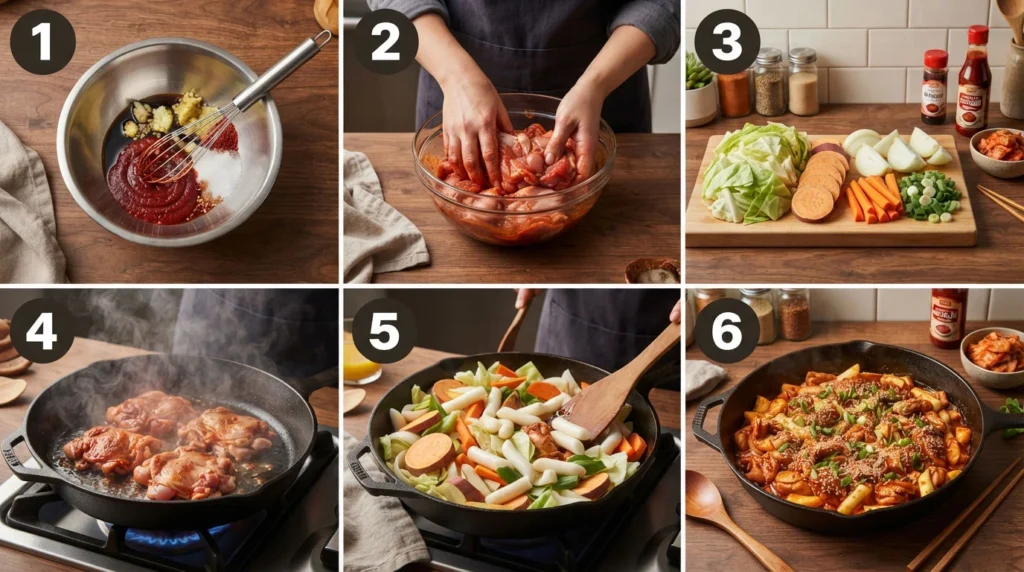 Step-by-step-chicken-galbi-recipe-showing-six-stages-from-making-the-gochujang-marinade-to-cooking-a
